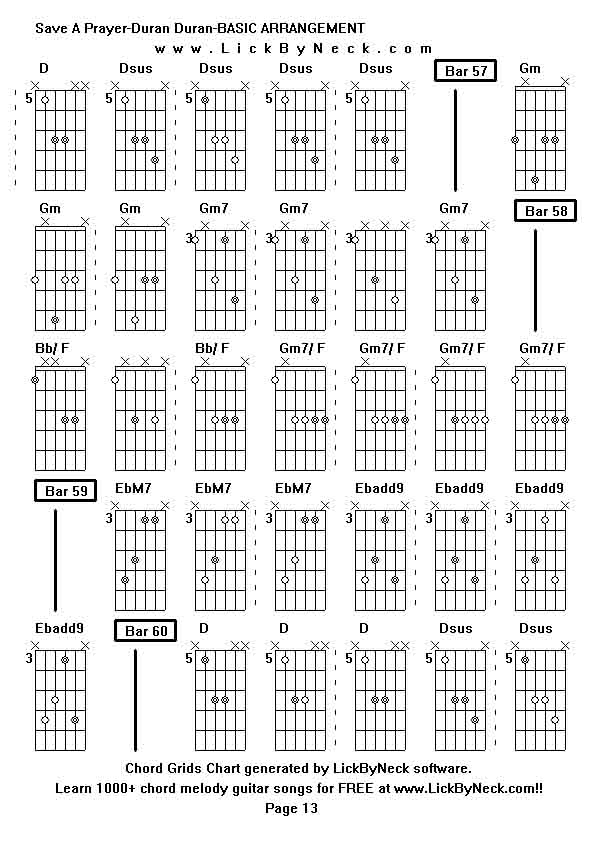 Chord Grids Chart of chord melody fingerstyle guitar song-Save A Prayer-Duran Duran-BASIC ARRANGEMENT,generated by LickByNeck software.